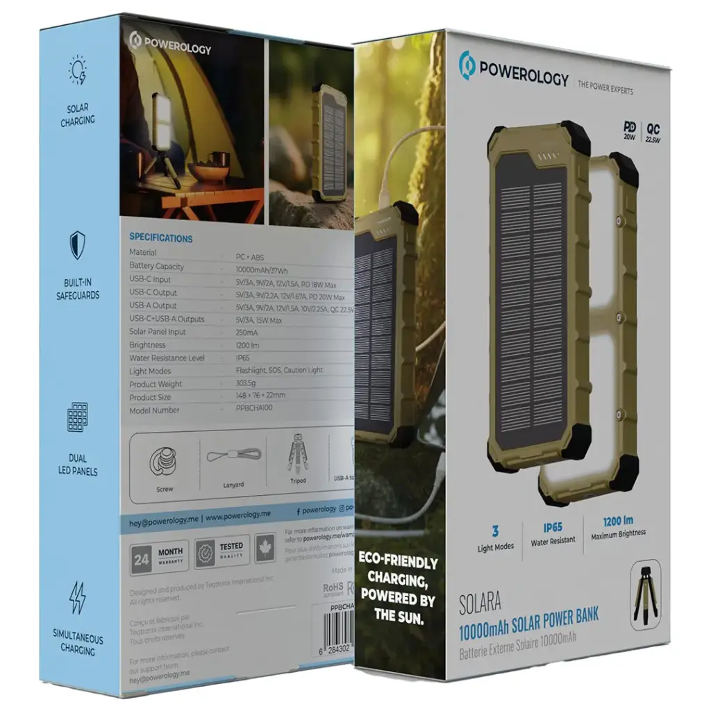 Powerology Solara 10000mAh Solar Power Bank - Khaki
