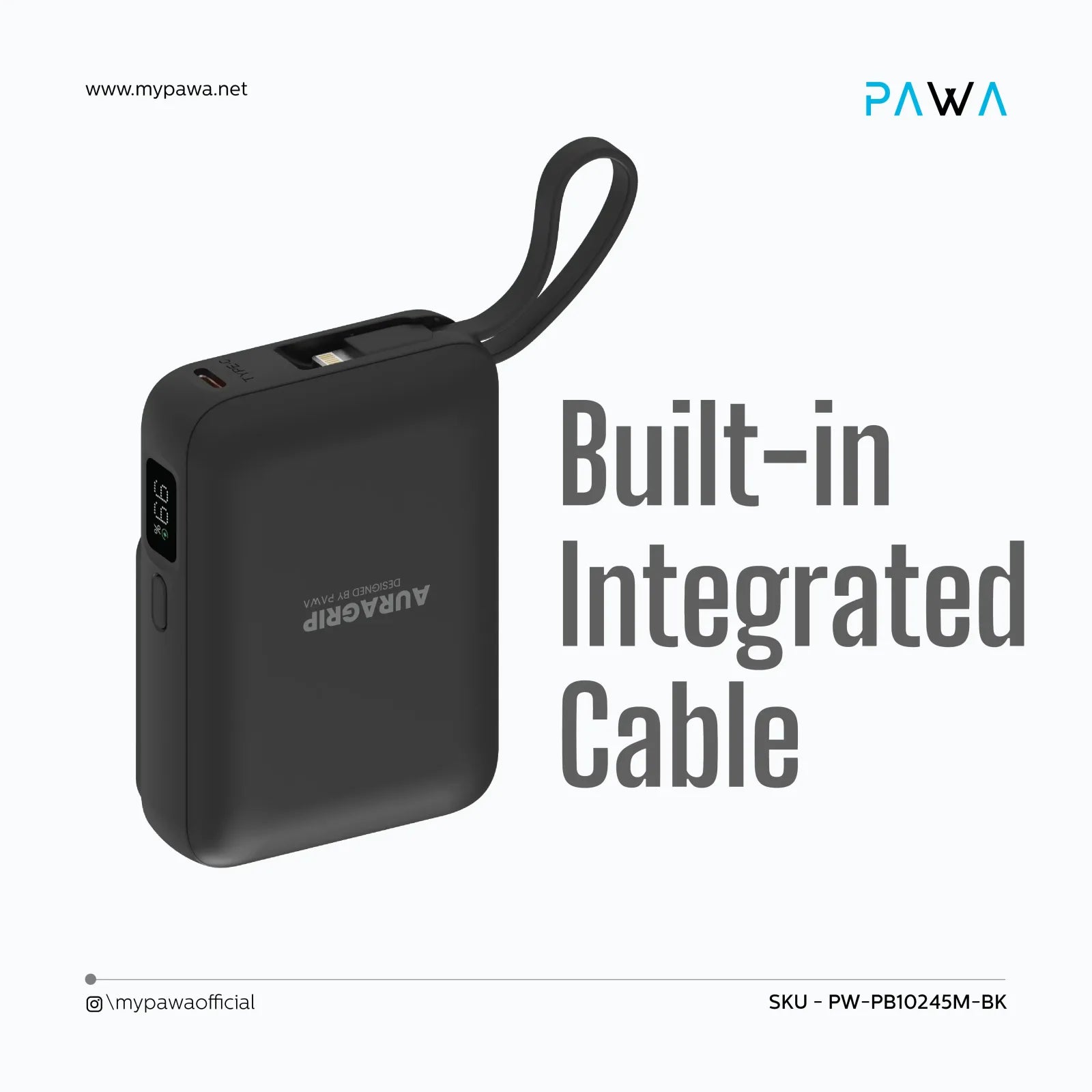 Pawa AuraGrip 22.5W 10000mAh MagSafe Power Bank with Built-in Lanyard Cable